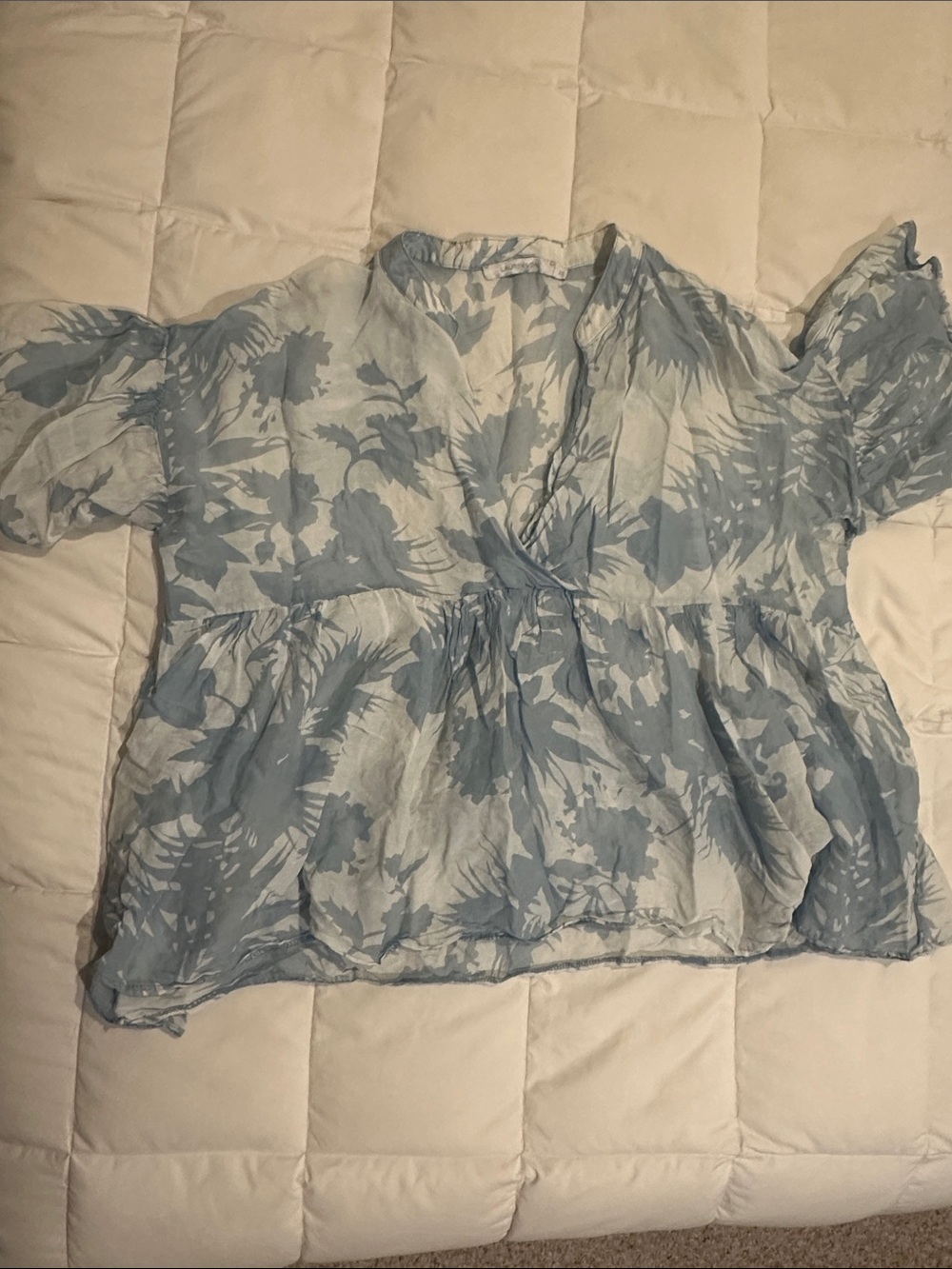 Lauren Vidal Light Blue Floral Wrap-Style Blouse